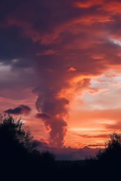 Premium Photo | A sunset with a big cloud in the sky over a field