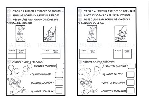 Atividade de Poema Tema Circo Alfabetização Blog