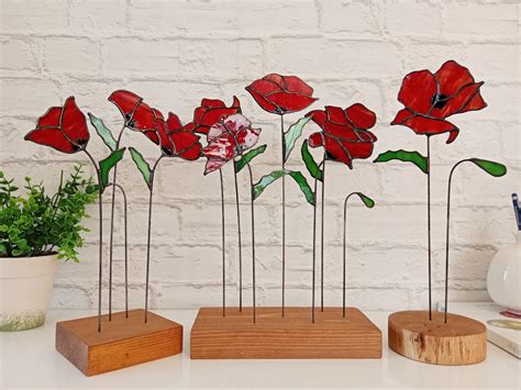 Stained Glass Everlasting Red Poppy Flowers Suncatcher Single Three Or