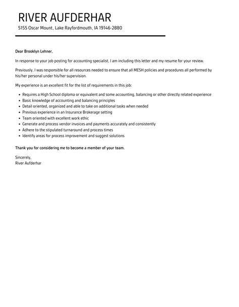 Accounting Specialist Cover Letter Velvet Jobs