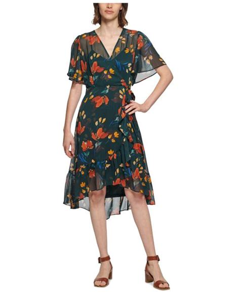 Calvin Klein Synthetic Floral Print Faux Wrap Dress Lyst