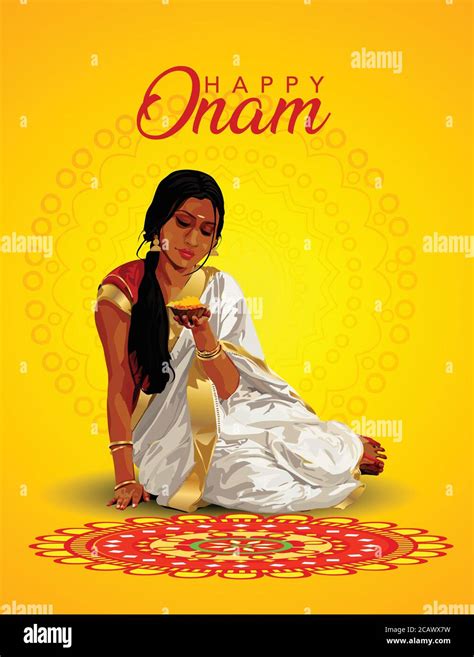 happy onam greetings vector illustration. illustration of woman making ...