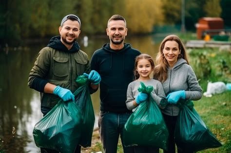 La naturaleza limpiando una familia madre y padre con niñas con bolsas