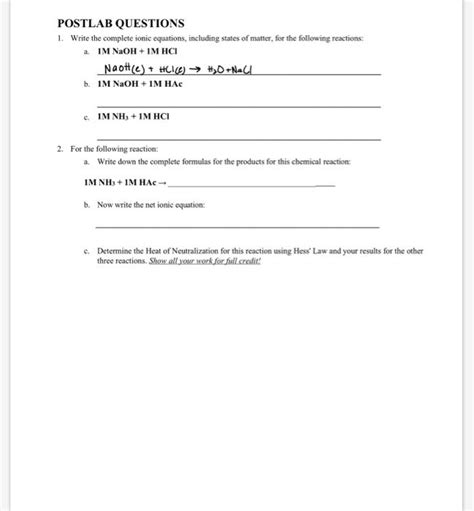 Solved POSTLAB QUESTIONS 1 Write The Complete Ionic Chegg