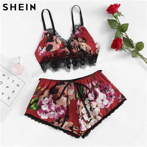 Buy Shein Lace Trim Floral Cami Shorts Pj Set Sexy