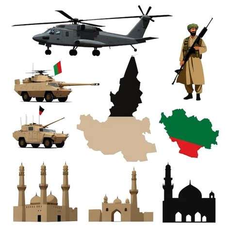 Una Colección De Vehículos Militares Y Un Helicóptero Militar Vector