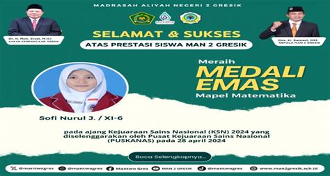 Sofi Nurul Jannah Kelas XI 6 MAN 2 Gresik Raih Medali Emas Matematika