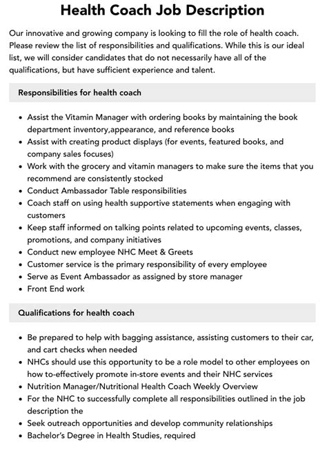 Health Coach Job Description Velvet Jobs