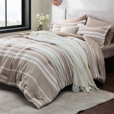 Bedsure Bed In A Bag King Size 7 Piece Khaki White Striped Bedding Comforter Sets All Season Bed