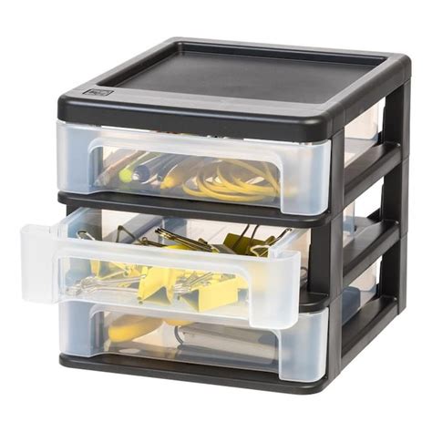 Iris 3 Compartment 3 Drawers Black Stackable Plastic Drawer 2 Pack In