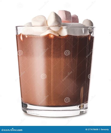 Glass Of Hot Chocolate With Marshmallows On White Background Stock