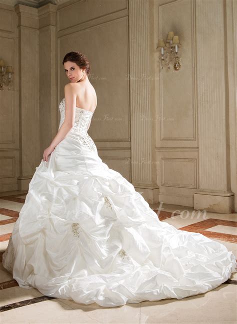 Ball Gown Strapless Chapel Train Taffeta Wedding Dress With Embroidered