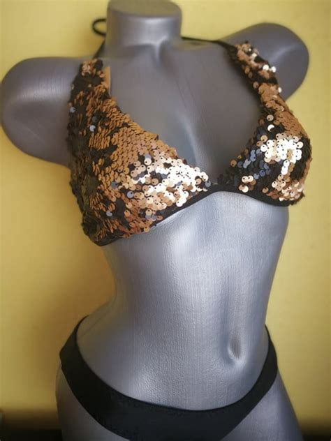 Gold Black Sequin Bikini Top Bikini Set Sexy Bikini Etsy