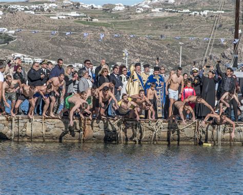 Epiphany Celebration Mykonos Greece Mykonian Men Diving For The Holy