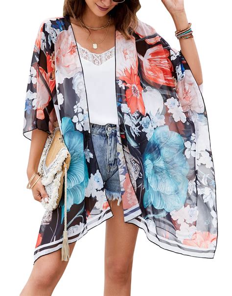 Swimsuit Cover Up For Women Floral Chiffon Kimono Cardigans Bathing