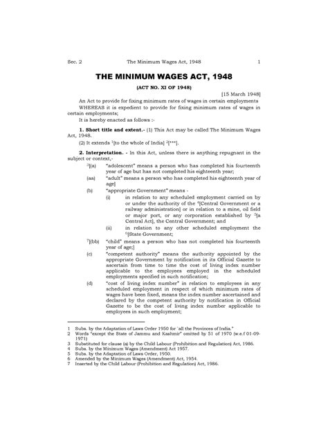 Minimum Wages Act 1948 Imp Sec 2 The Minimum Wages Act 1948 1 The