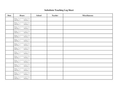 Substitute Teaching Log Sheet Printables For Kindergarten Higher Ed