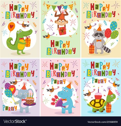 Set greeting cards birthday with animals Vector Image