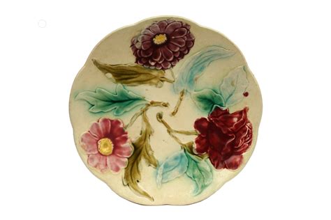 French Antique Majolica Flower Plate With Rose Dahlia And Daisy