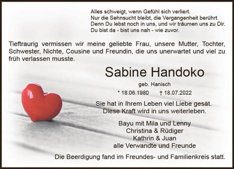 Traueranzeigen Von Sabine Handoko Vrm Trauer De