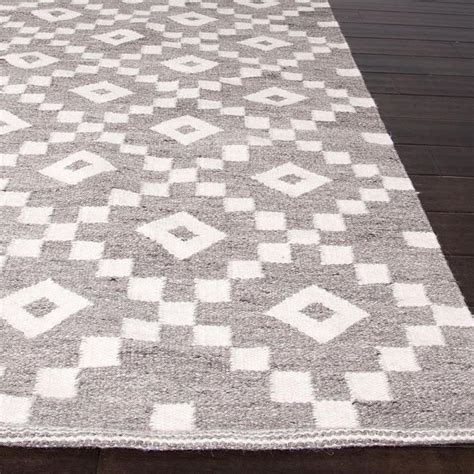 Flat Weave Geometric Pattern Grey Ivory Wool Area Rug