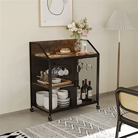 Easyzon Industrial Bar Cabinet With Metal Mesh Doors Sideboard Rolling