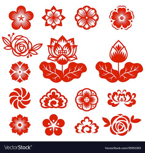 Chinese flowers paper cut red color Royalty Free Vector