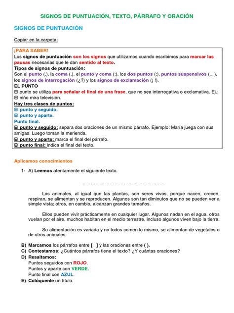 Signos De Puntuación Texto Parrafo Y Oración Pdf Coma