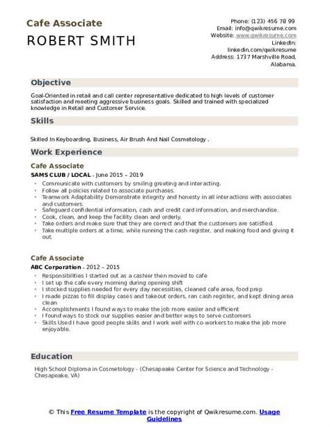 Cafe Associate Resume Samples Qwikresume