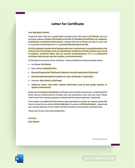 Letter For Certificate Template And Examples