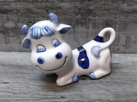 Vintage Hand Painted Blue Delft Style Cow Figurine Blue And Etsy