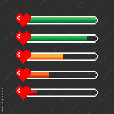 Pixel Game Life Bar Isolated On Black Background Vector Art 8 Bit