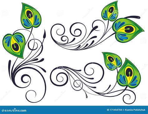 Drawn Stylized Vector Peacock Feathers Floral Design Vector