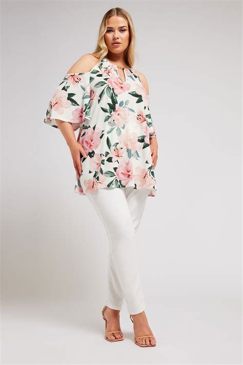 Yours London Plus Size White Floral Print Chain Cold Shoulder Top