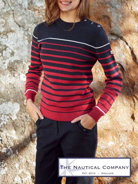 Womens Breton Striped Jumper Cotton Navy Red Cream The Nautical