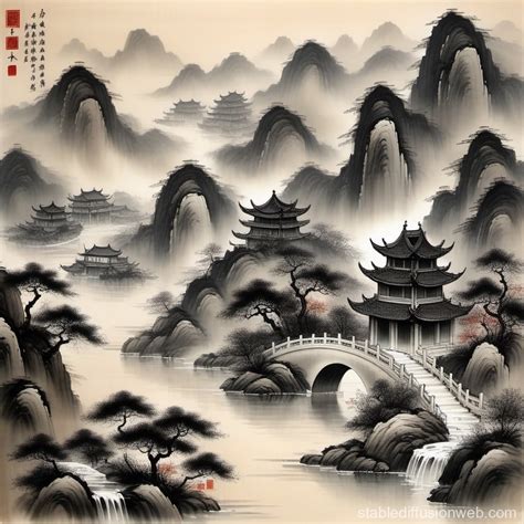 Ancient Chinese Landscape Architecture in Ink Painting | Stable ...