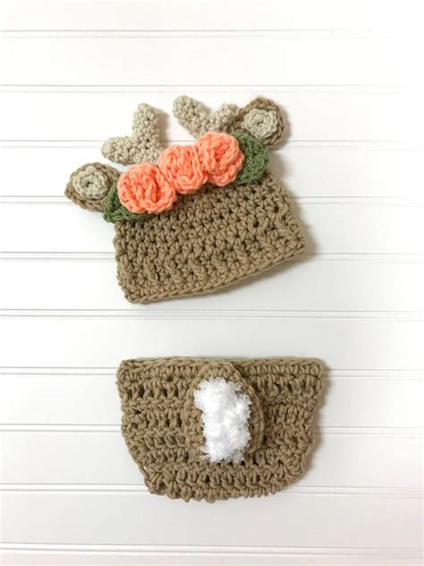 Crochet Deer Hat, Crochet Baby Deer Hat, Deer Antler Hat and Diaper ...