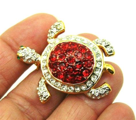 Ruby Red Sea Turtle Pin Desert Tortoise Rhinestone Crystal Brooch