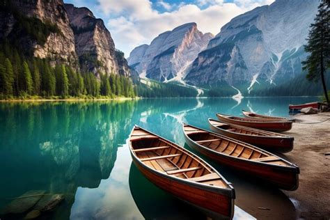 Premium Ai Image Boats On The Braies Lake Pragser Wildsee In