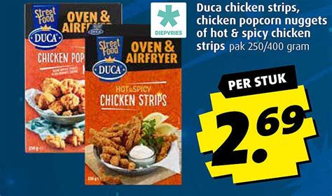 Duca Chicken Strips Chicken Popcorn Nuggets Of Hot Spicy Chicken Strips Aanbieding Bij Boni