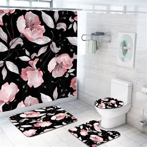 4pcs Watercolor Peacock Feather Shower Curtains Sets With Rugs Toilet