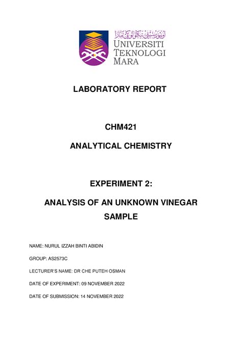 LAB Report CHM421 Experiment 2 LABORATORY REPORT CHM ANALYTICAL