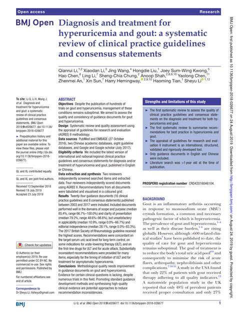 Pdf Diagnosis And Treatment For Hyperuricemia And Gout A Systematic