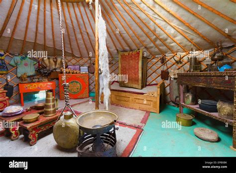 Interior of a traditional Mongolian ger (yurt) by Ongi Monastery, Saikhan-Ovoo, Dundgovi ...