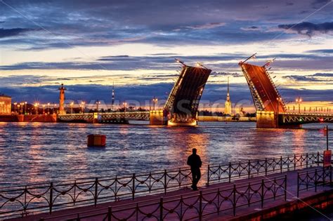 Panoramic View Over Neva River In White Night Time St Petersburg