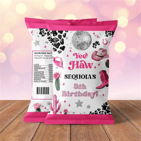 Editable Space Cowgirl Birthday Party Chip Bag Wrapper Template Pink Disco Cowgirl Party Instant