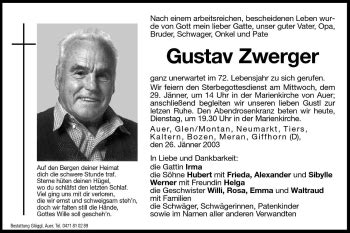 Traueranzeigen Von Gustav Zwerger Trauer Bz