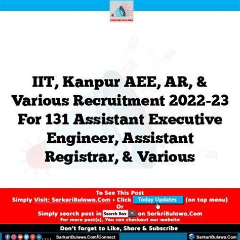 Iit Kanpur Aee Ar And Various Recruitment 2022 23 For 131 Assistant