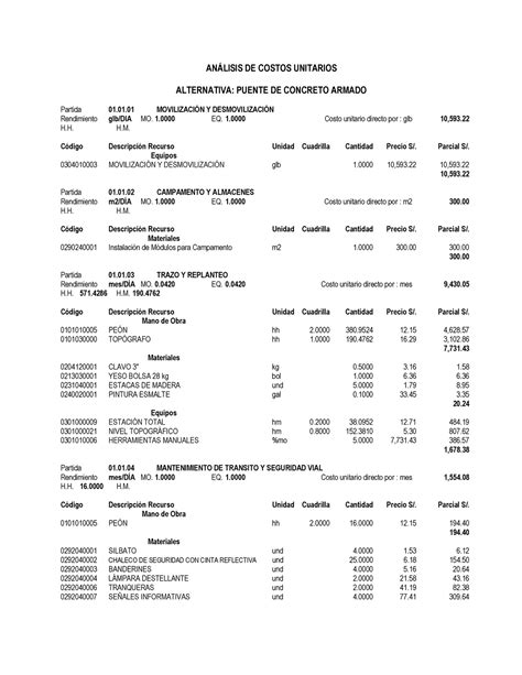 Análisis DE Costos Unitarios Alternativa Puente DE Concreto Armado