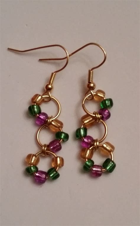 Mardi Gras Earrings Traditional Gold Green And Purple Beads Etsy